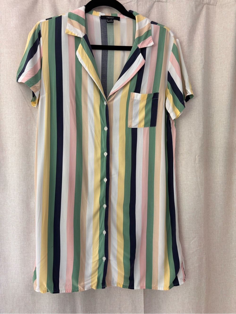 Forever 21 Striped Rayon Button Front Camp Shirt Blouse Pastel Short Sleeve Sz S